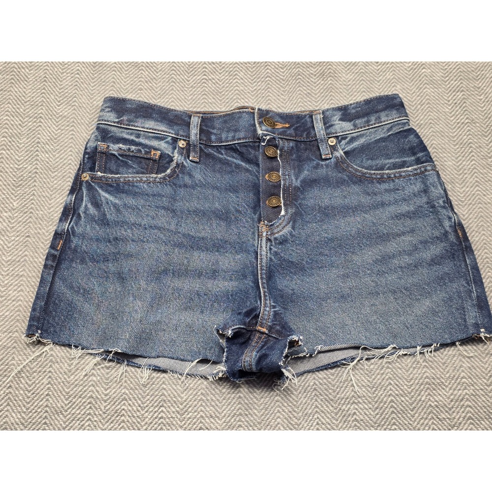 Express Womens Mid Rise Rigid Denim Cut Off Shorts Dark Wash Button Fly Size 0